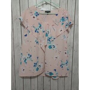 Lane Bryant Blouse Women's Size 18 Ruffle Short Sleeve V Neck Pink Blue Floral